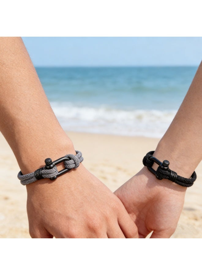 Valentines Couple's Gift – Matching Bracelet Set in Black & Grey Milan Thread with Steel Buckle, Minimalist Daily Wear